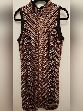 SIGNATURE By Robbie Bee- Black & Rose Gold Sequin Halter Sleeveless Dress